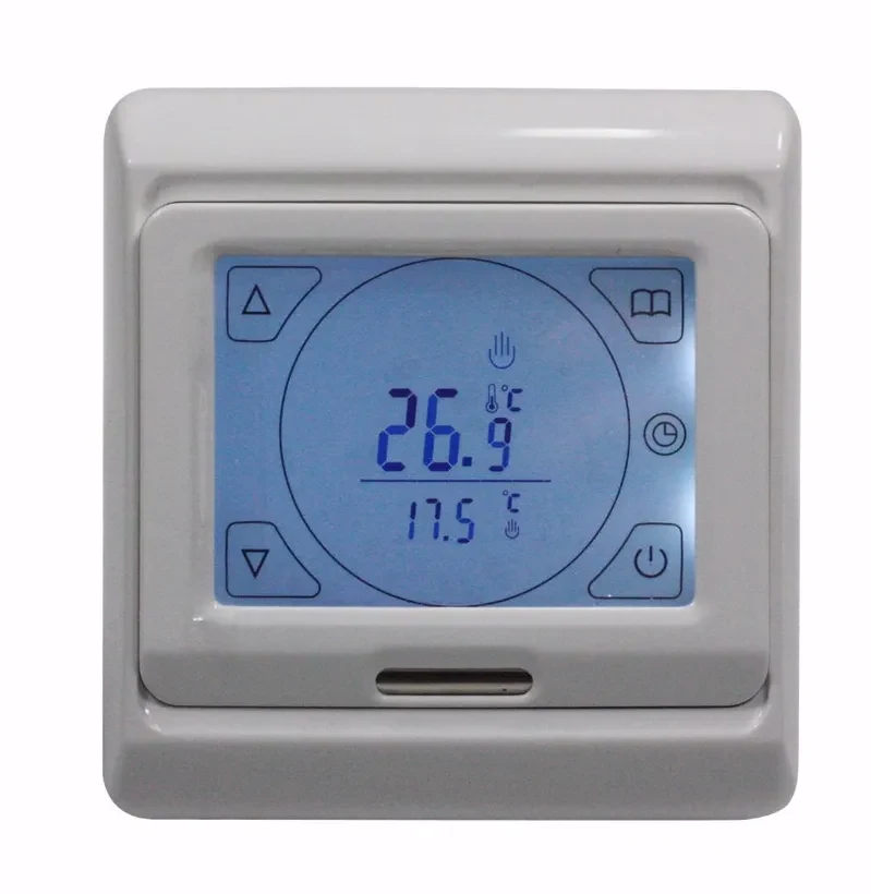 White digital thermostat with a blue backlit temperature display and touch controls.