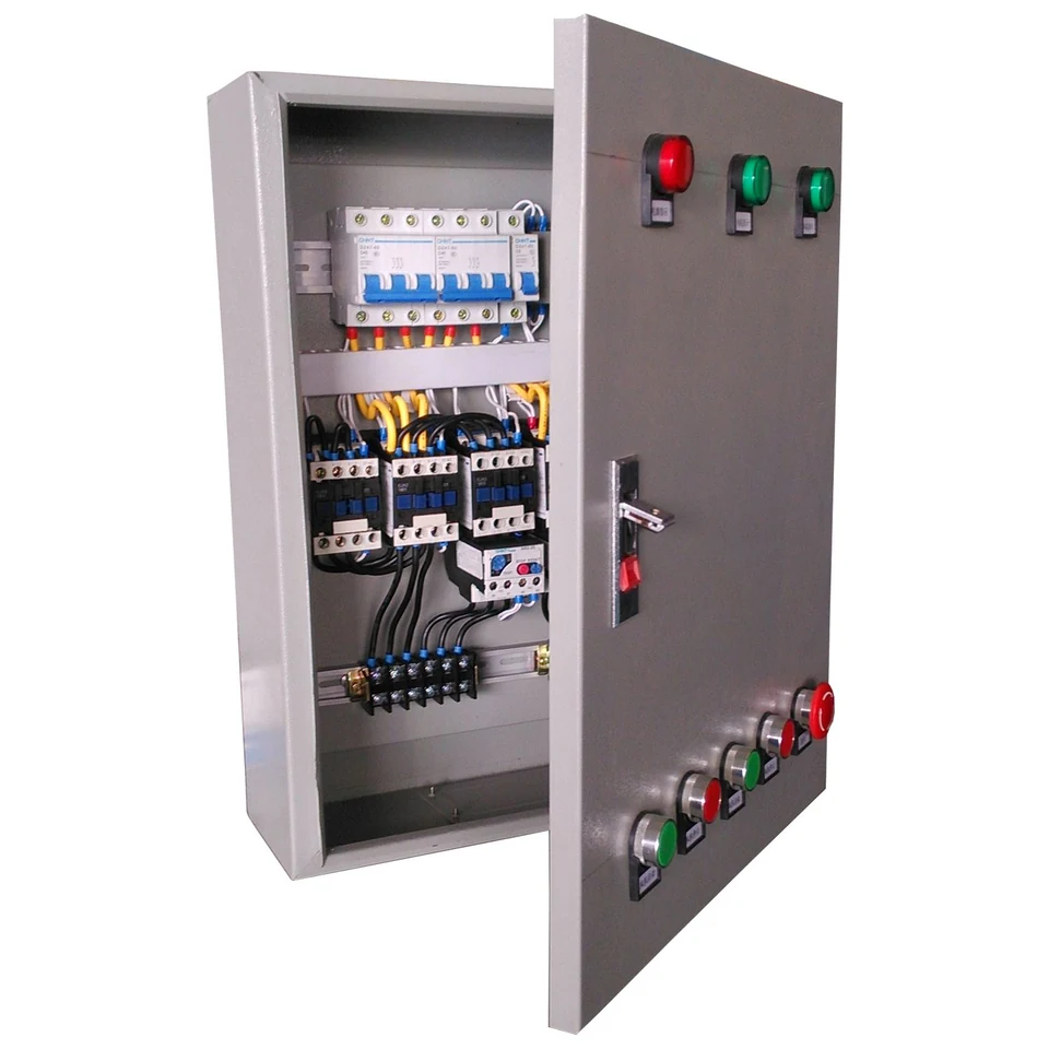 Open electrical control cabinet with circuit breakers, contactors, and front-panel pushbuttons.