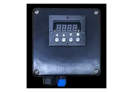 Digital temperature controller in a black enclosure with two cable entries.