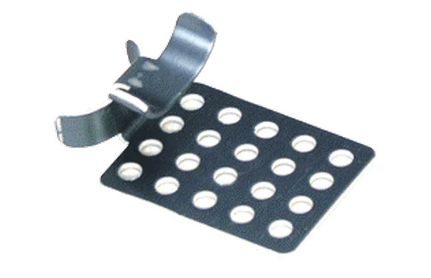 Perforated mounting bracket with curved pipe-fixing tabs.