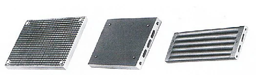 Three heating panel assemblies with grid, flat, and tubular surfaces.